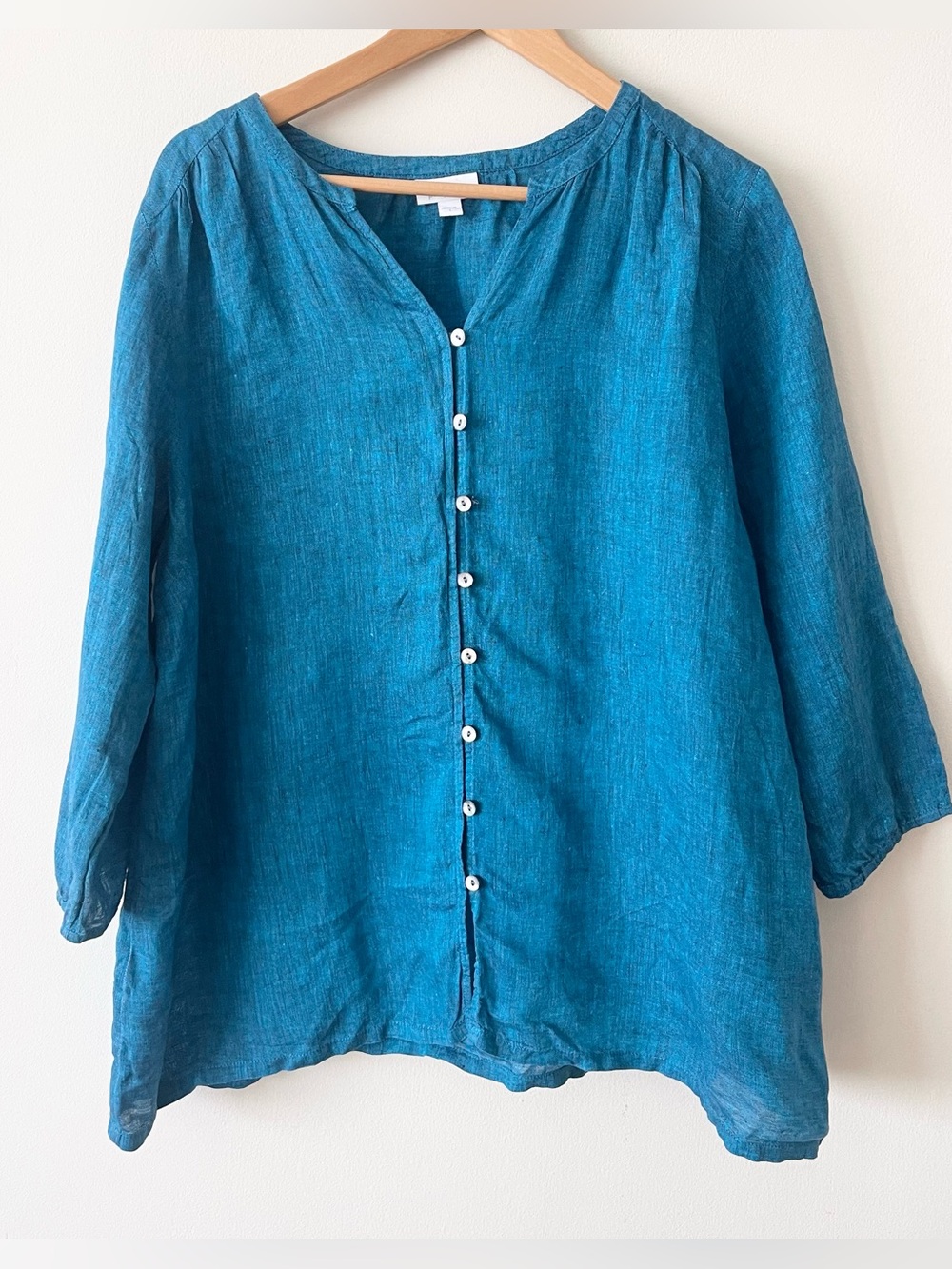 J. Jill Button-Front Linen Tunic Top Blouse - Teal Blue women’s size L
